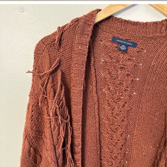 American Eagle Fringe Classic Cable Knit Sweater Cardigan in Chocolate Brown - Picture 4 of 6